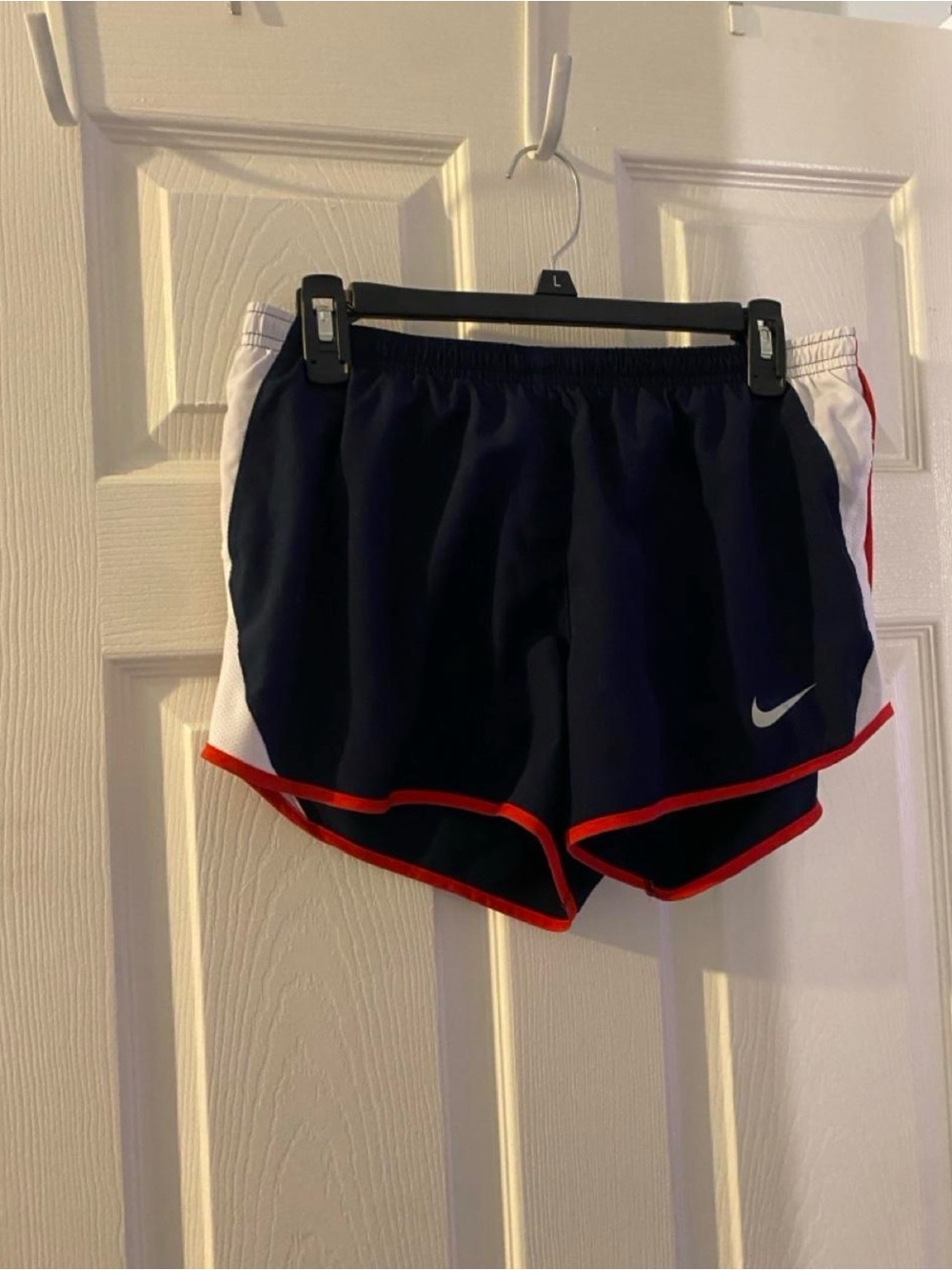 Nike Women’s Navy Athletic Shorts with Red Trim and White Panels